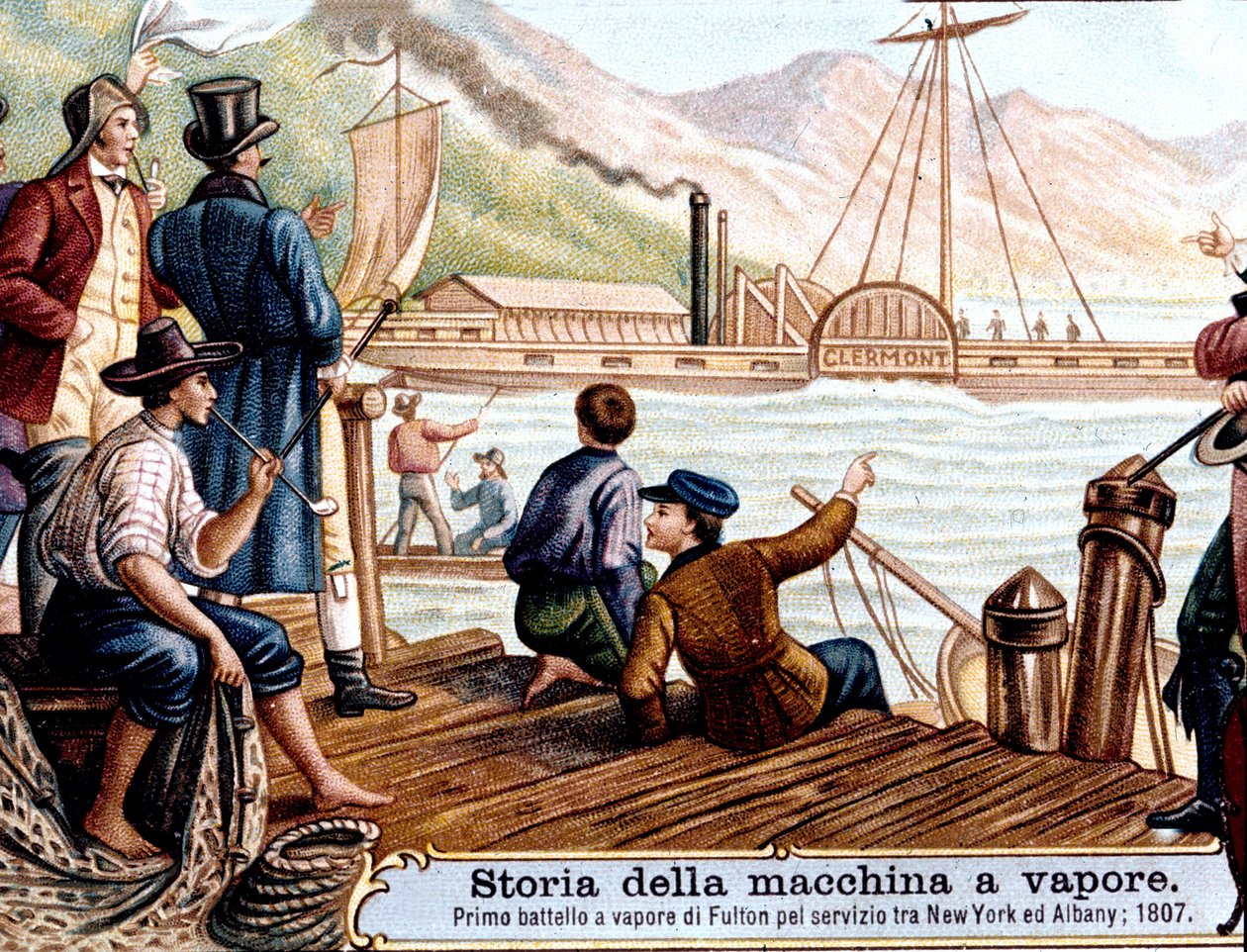 Primer viaje del barco de vapor “Clermont” por Robert Fulton (1765-1815), ingeniero estadounidense en el río Hudson, EE.UU. de Unknown artist
