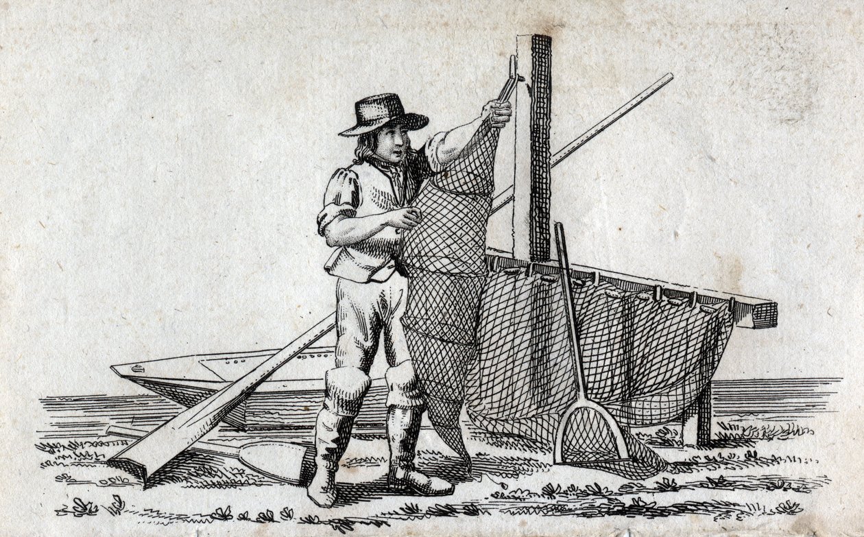Pescador y red de pesca. Fina grabado del siglo XVIII. Colección privada. de Unknown artist
