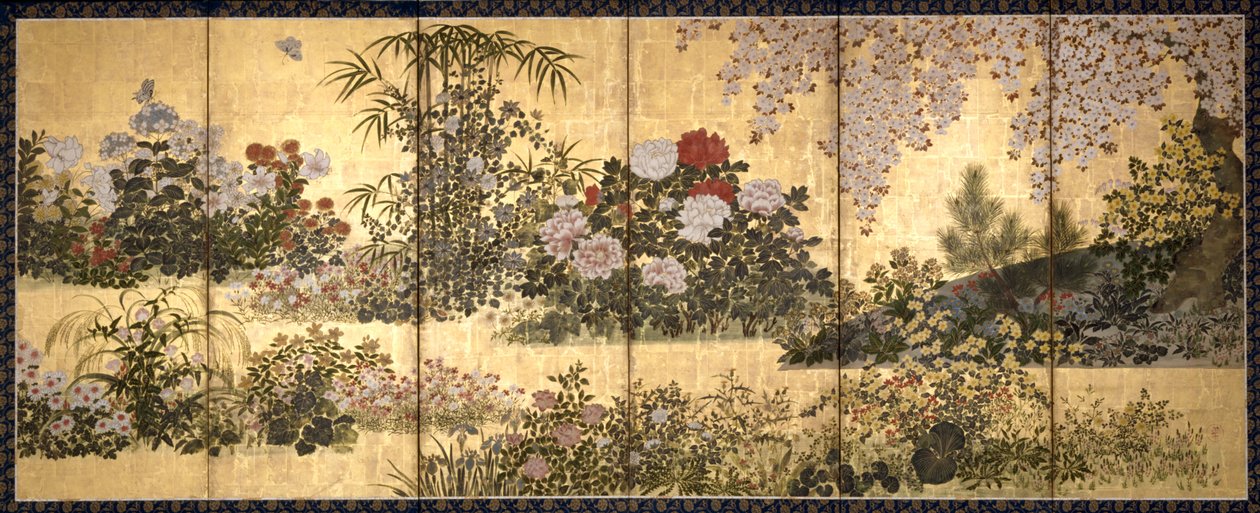 Flowers And Butterflies (tinta, color y pan de oro sobre papel) de Unknown artist
