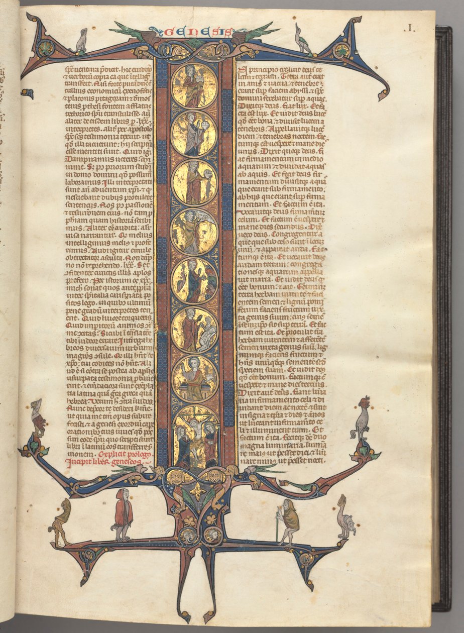Fol. 1r, Génesis, con una inicial I historiada de cuerpo entero, que muestra la Creación y la Crucifixión, todo ello sobre fondo de oro bruñido, con marcos rosas y azules diaperados y extensiones de dragón y follaje en cúspide en la parte superior e inferi de Unknown artist