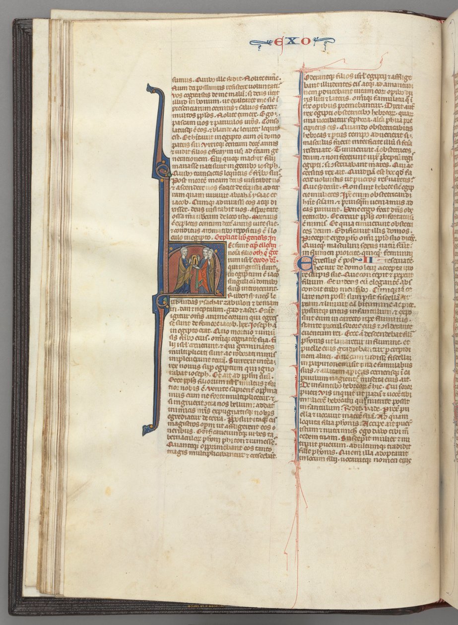 Fol. 20v, Éxodo, H inicial historiada, Moisés y dos seguidores con las tablas de la ley de Unknown artist