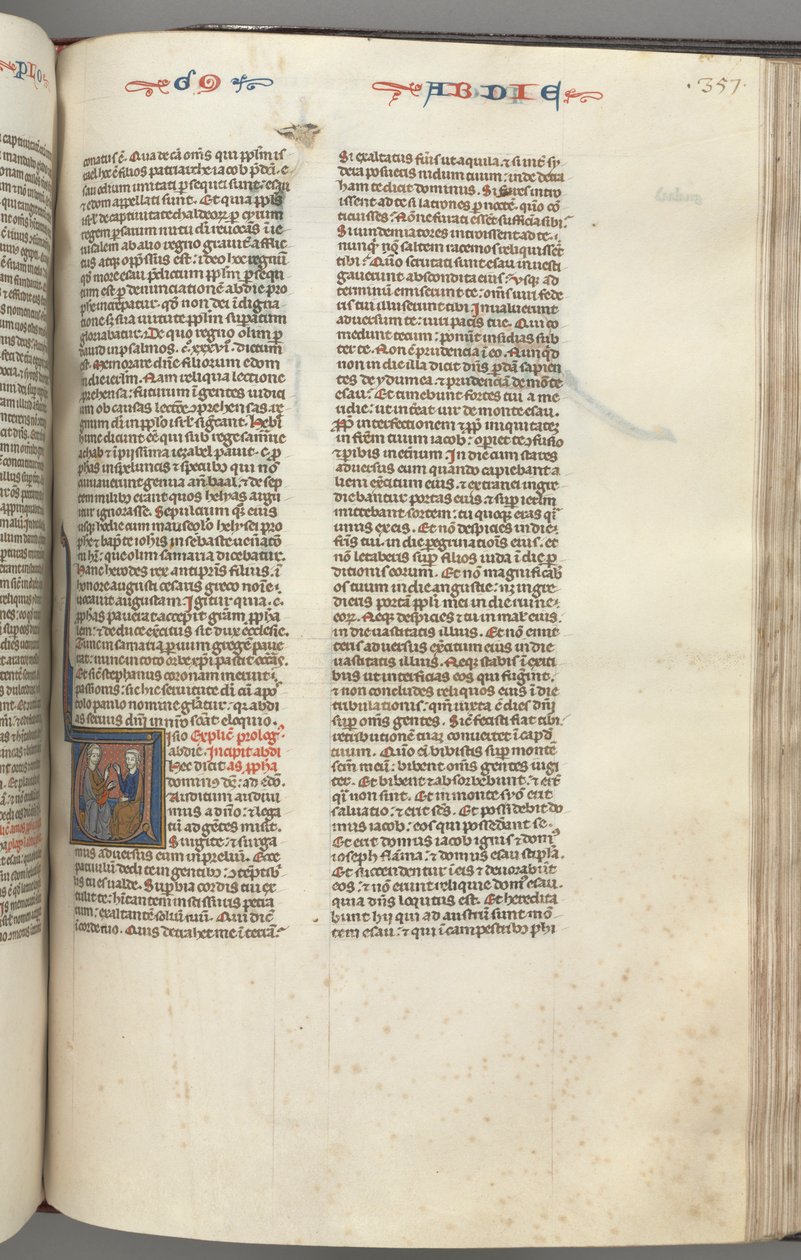 Fol. 357r, Abdías, V inicial historiada, Abdías y un judío en discusión de Unknown artist