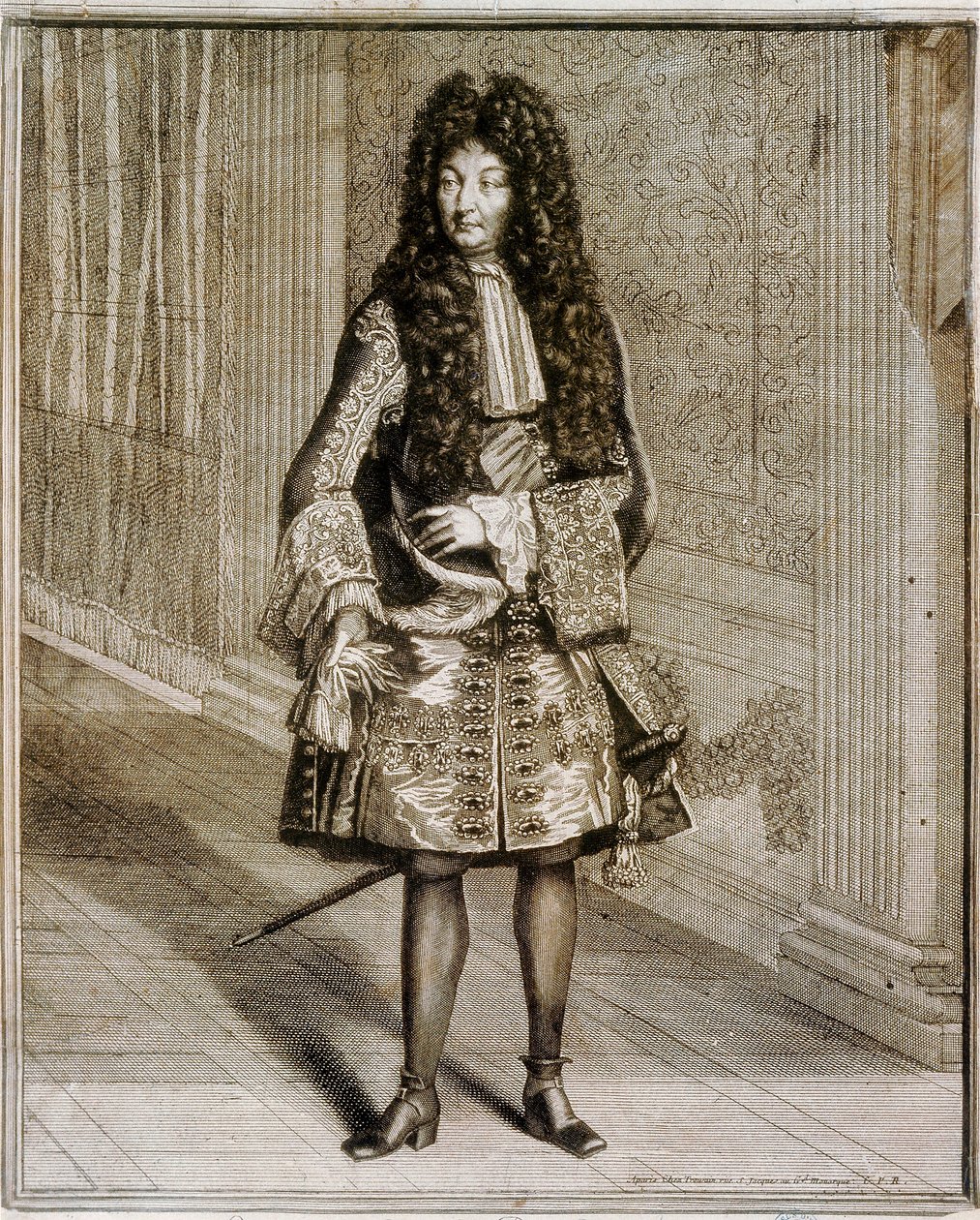 Retrato de pie del rey Luis XIV, conocido como el Rey Sol (1638-1715). Grabado del siglo XVIII. Biblioteca Nacional de Madrid de Unknown artist