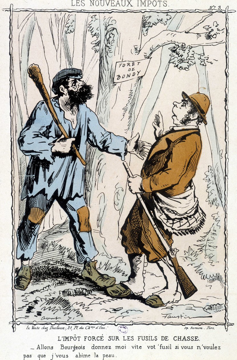 Impuesto forzado sobre escopetas: "Vamos burgués, dame tu arma rápidamente si no quieres que te arruine la piel" - caricatura sobre los "nuevos impuestos" de Unknown artist