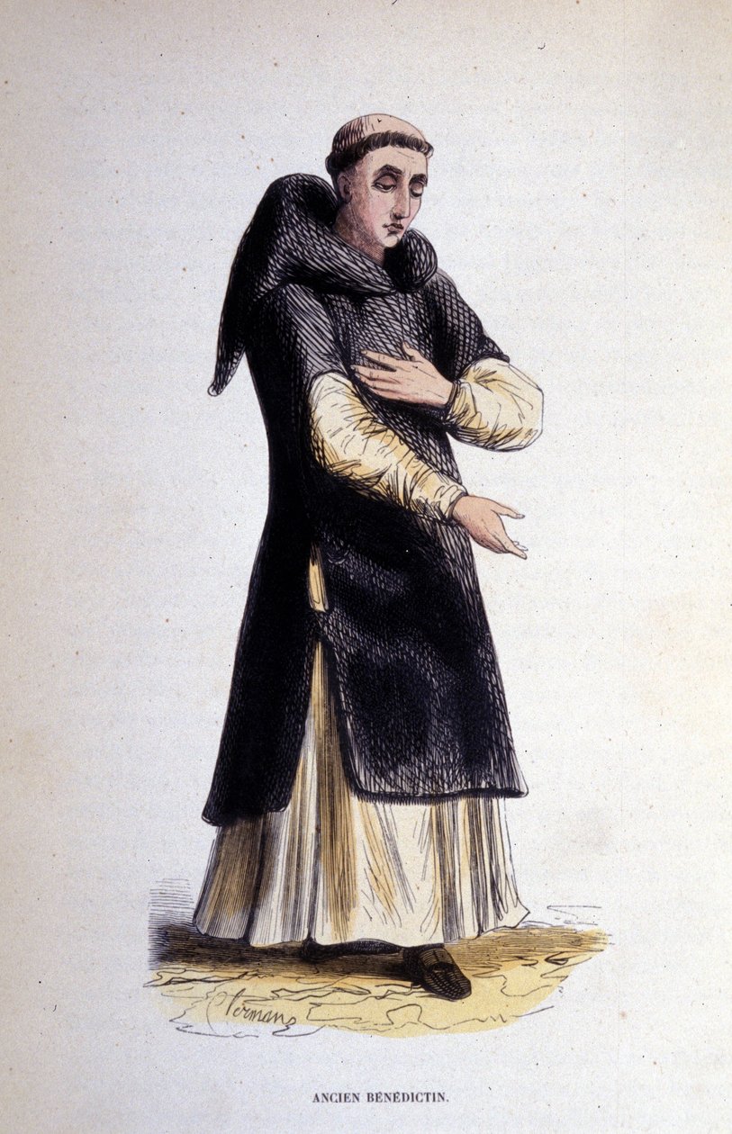 Antiguo benedictino. Grabado de un álbum sobre órdenes religiosas, París de Unknown artist