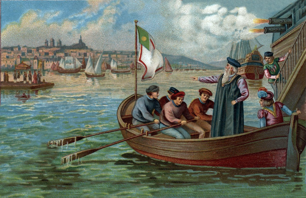 Antiguos centros comerciales: regreso de Vasco de Gama (1469-1524), navegante portugués a Oporto, Portugal. Cromolitografía de finales del siglo XIX. de Unknown artist