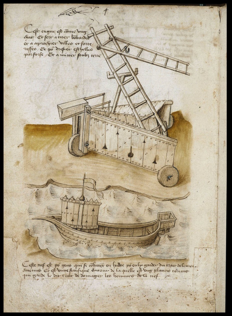 Aproximación a la fortaleza y barco - Manuscrito: hoja de pergamino de un manual de ingeniero para la construcción de edificios civiles, religiosos y militares, anónimo, finales del siglo XV (figura en tinta china) de Unknown artist