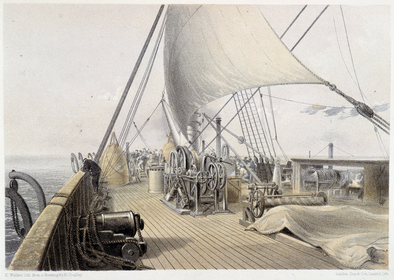 Cubierta delantera despejada para el intento final de enganche, 11 de agosto de 1858 en "El telégrafo atlántico" de W. H. Russel, c. 1860 de Unknown artist