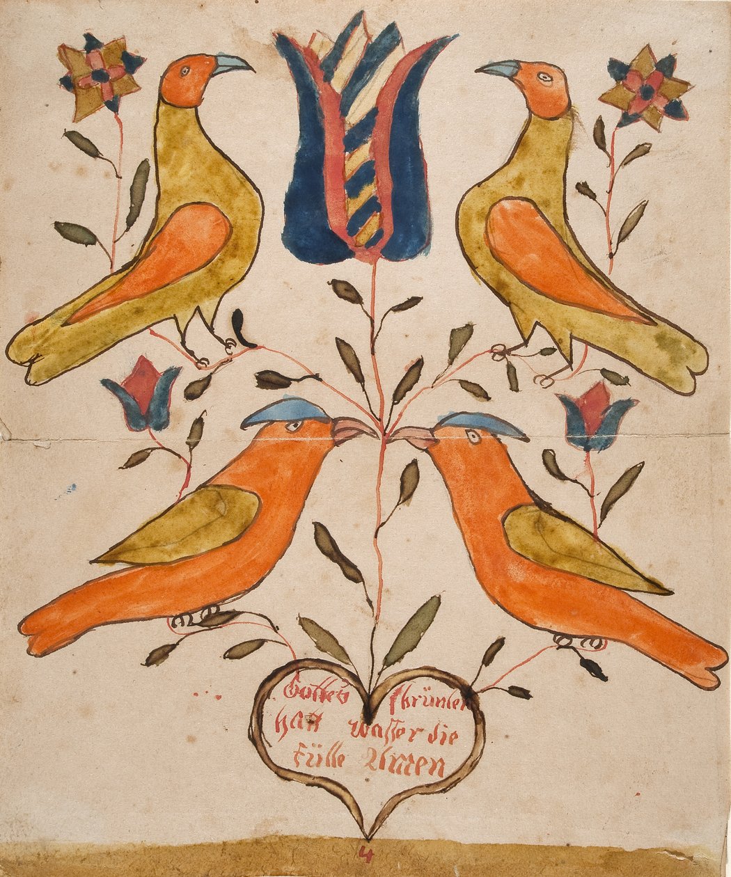 Cuatro pájaros, tulipán y corazón de Unknown artist