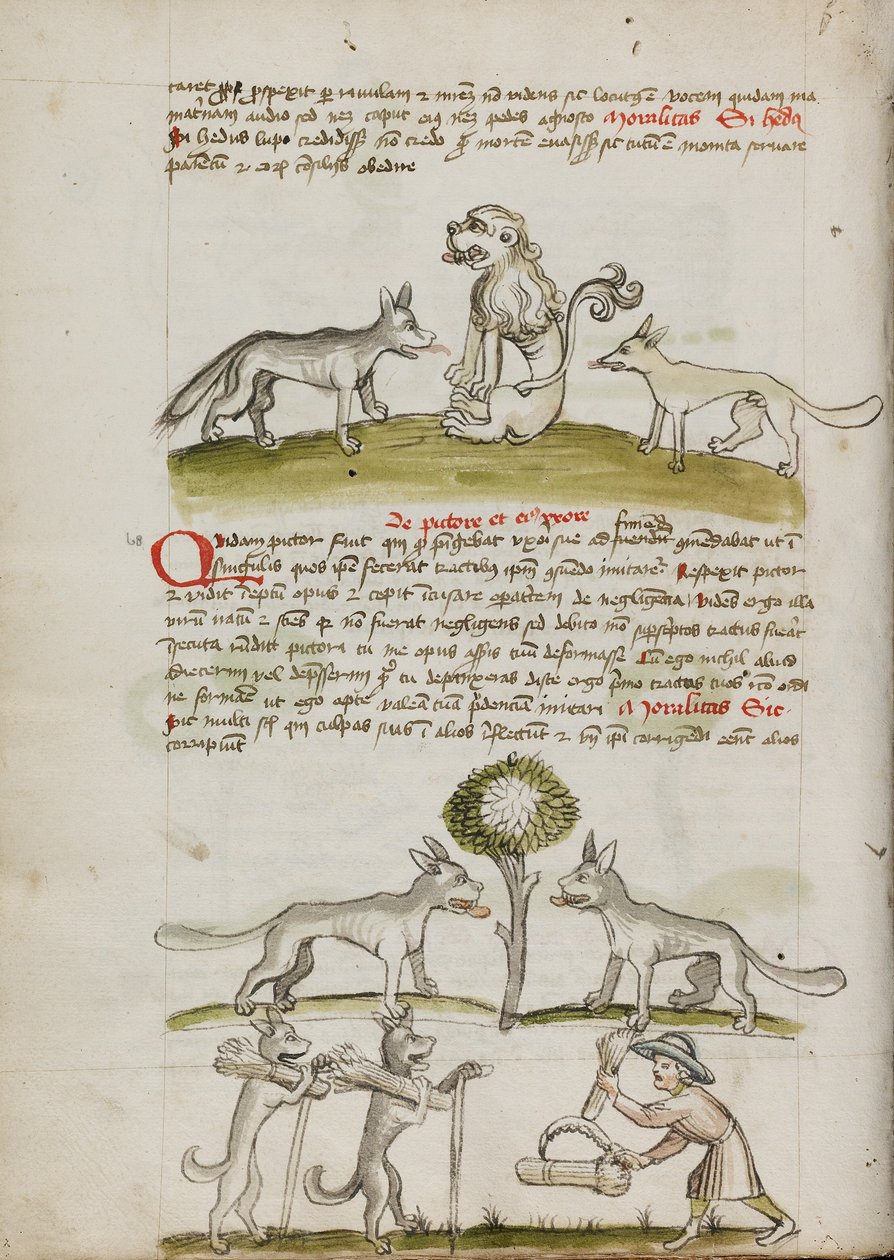 Zorro y lobo ante un león; Dos lobos bajo un árbol arrastrando pacas de trigo; Un granjero atando gavillas de trigo de Unknown artist
