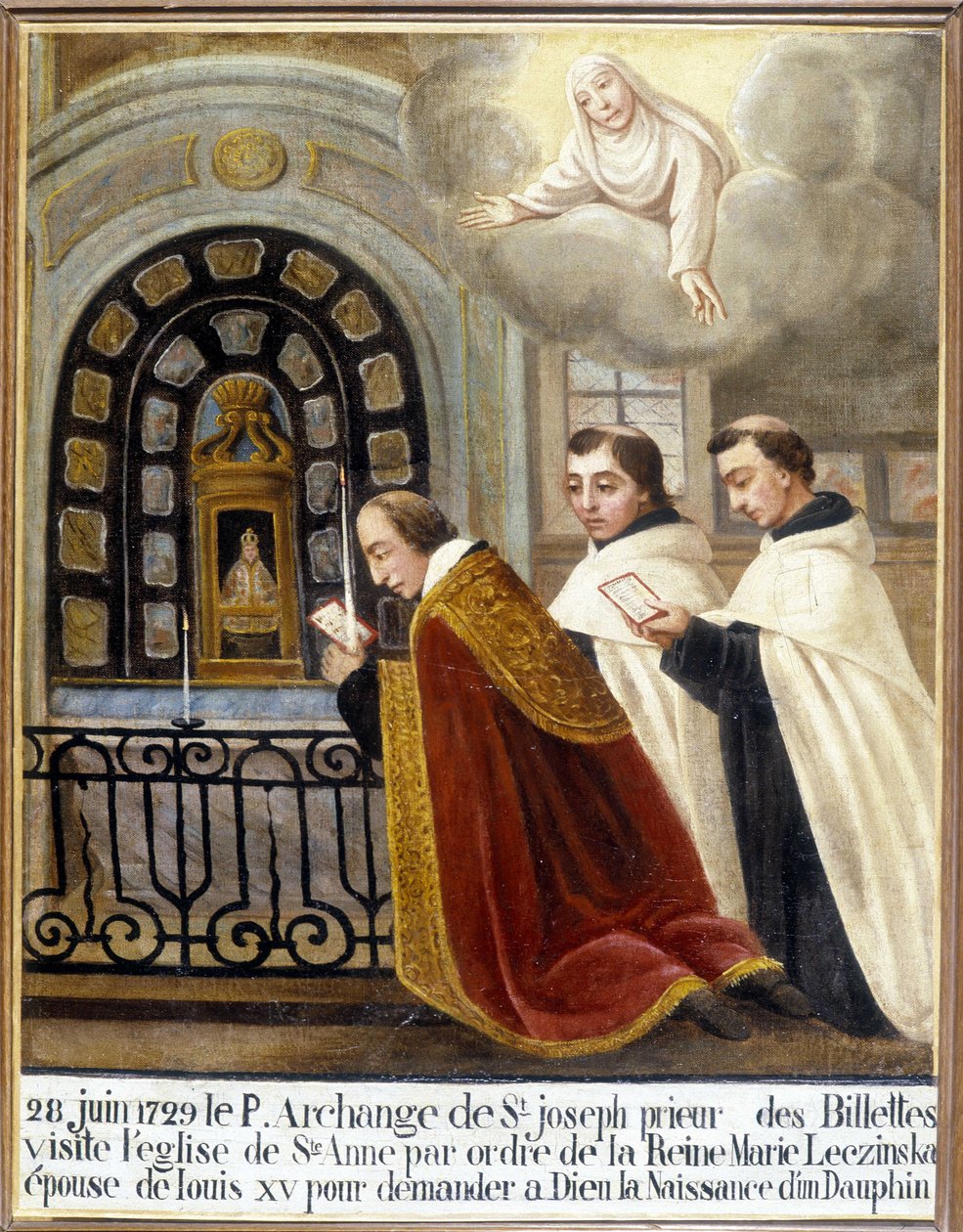 El P. Arcángel de San José, Prior de las Billettes, visita la iglesia de Santa Ana por orden de la reina María Leszczynska, esposa de Luis XV, para pedir a Dios el nacimiento de un delfín, 28 de junio de 1729 - Ex-Voto Sainte Anne d