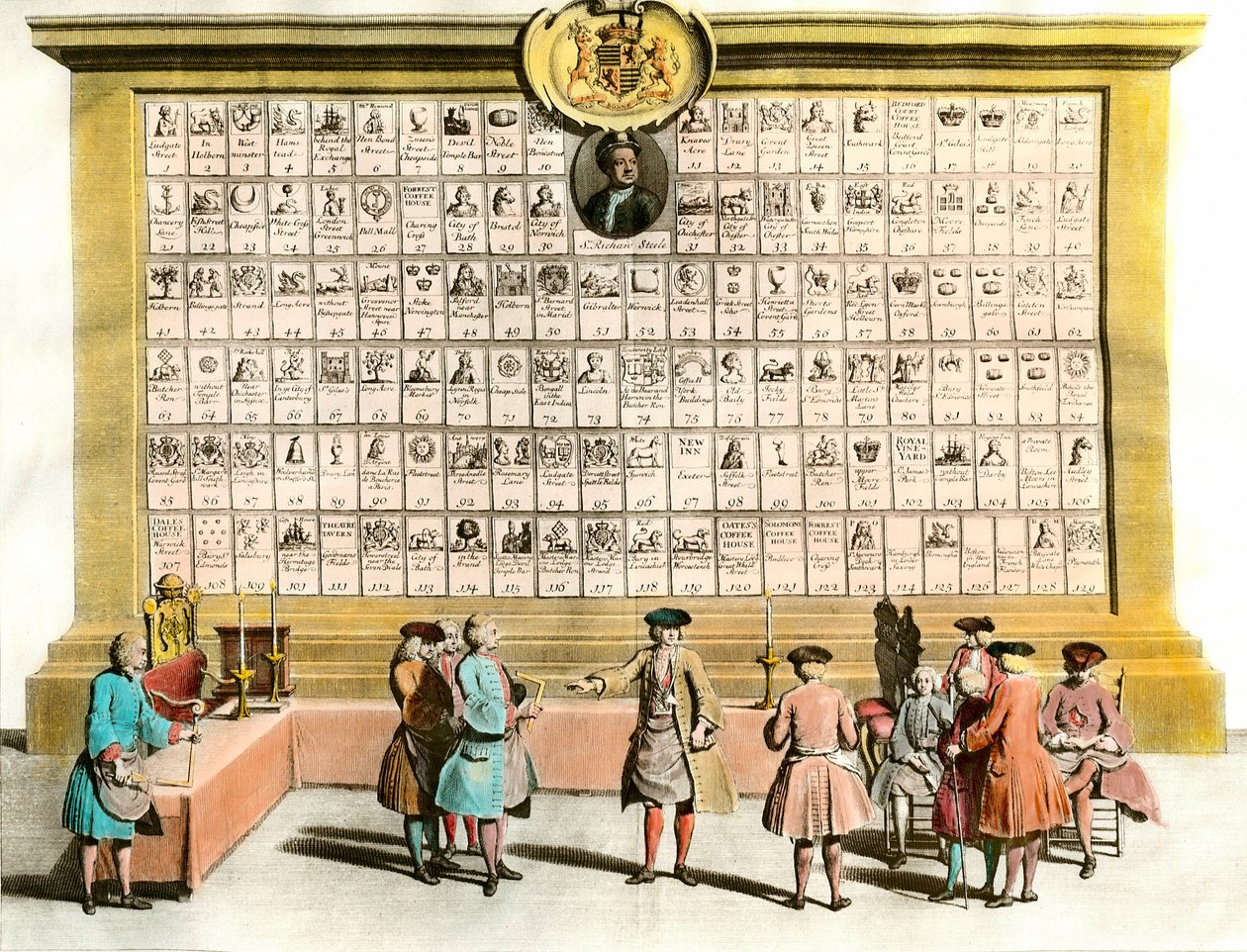 Francmasonería: reunión de masones ingleses con símbolos de las principales logias masónicas. Tabla del siglo XVIII. París. Artes Decorativas de Unknown artist