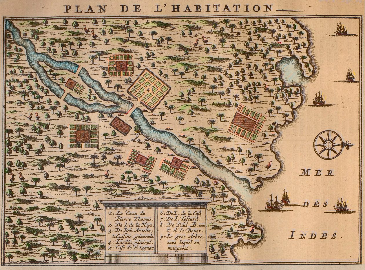 Mapa del asentamiento de Francois Leguat en Rodrigues - El plan de la habitación de Francois Leguat (1637-1735) explorador francés y amigos en la isla Rodrigues en Mauricio (1708) de Unknown artist