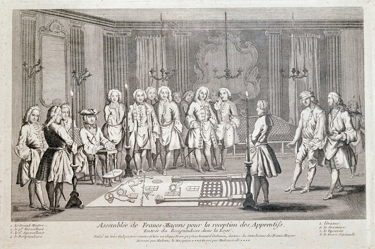Francmasonería: "Asamblea de Francmasones para la admisión de aprendices". Ceremonia para la entrada del recipiendario en la logia. Avanza, con los ojos vendados, guiado por el segundo supervisor, hacia el Gran Maestro (sentado a la izquierda) de Unknown artist