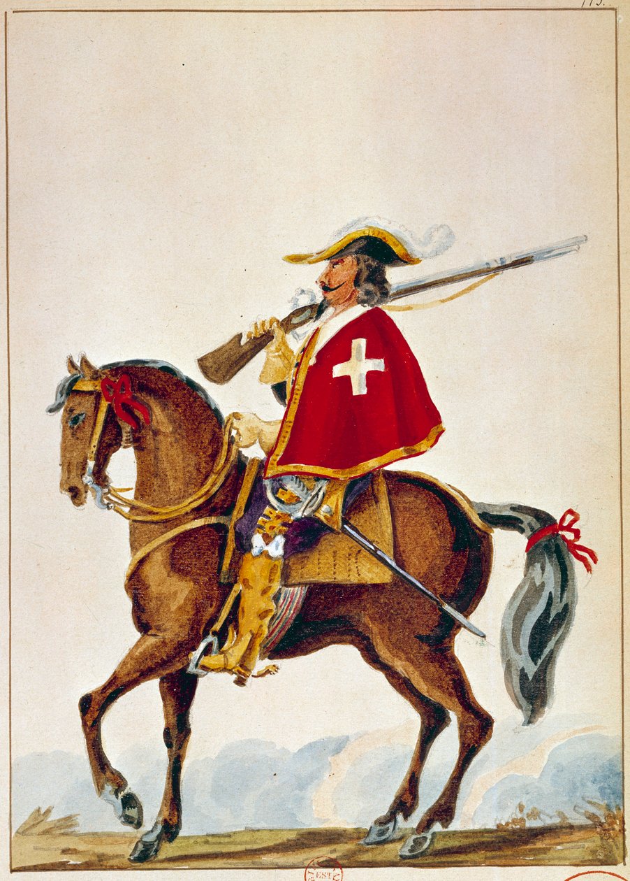 Armee francesa: De Valmont, mosquetero de la guardia del Cardenal Richelieu. Grabado del siglo XVII. París, B N de Unknown artist