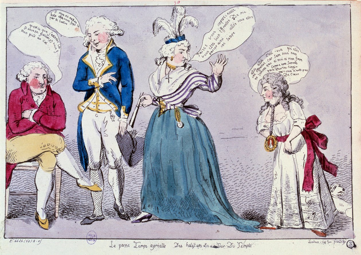 Revolución Francesa: Caricatura contra la familia de la Reina María Antonieta (1755-1793) y Luis XVI encerrados en la prisión del Temple. La reina y la hermana del rey Madame Elisabeth discutiendo bajo la mirada del rey. Sus palabras están escritas en burb de Unknown artist