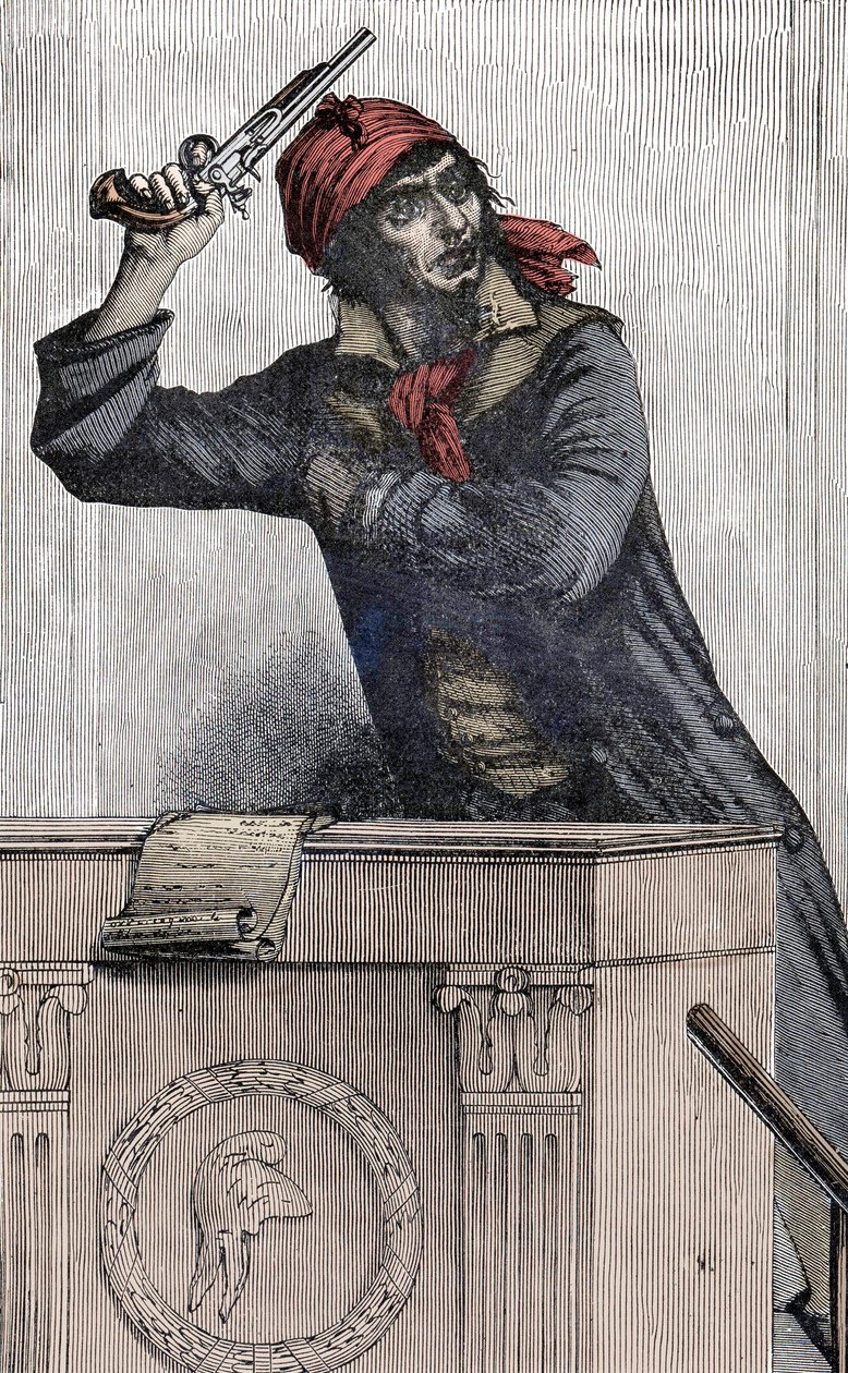 Revolución Francesa: Retrato de Jean Paul Marat apuntando con una pistola en el podio de Unknown artist