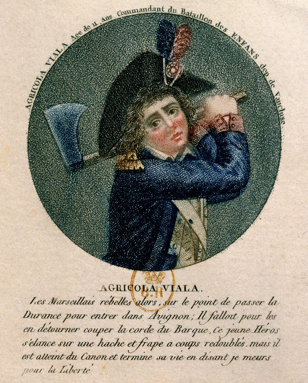 Revolución Francesa: retrato del joven Joseph Agricol Viala (1780-1793) quien participó en la insurrección de Marsella en 1793. Es un representante sosteniendo un hacha. Siglo XVIII París, B.N de Unknown artist