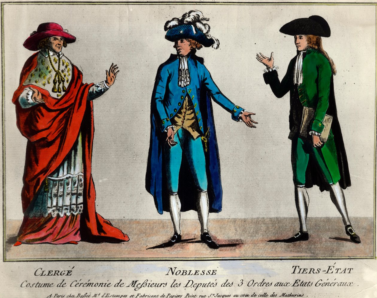 Revolución Francesa: representación de los diputados de los tres órdenes en los Estados Generales con traje ceremonial: el clero, la nobleza y el tercer estado. Estampa de finales del siglo XVIII. Colección privada de Unknown artist