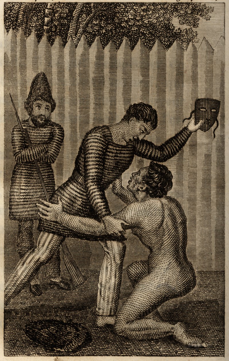 Viernes es arrojado a los brazos de Robinson Crusoe, grabado insertado en "Las aventuras de Robinson Crusoe" por Daniel Defoe de Unknown artist
