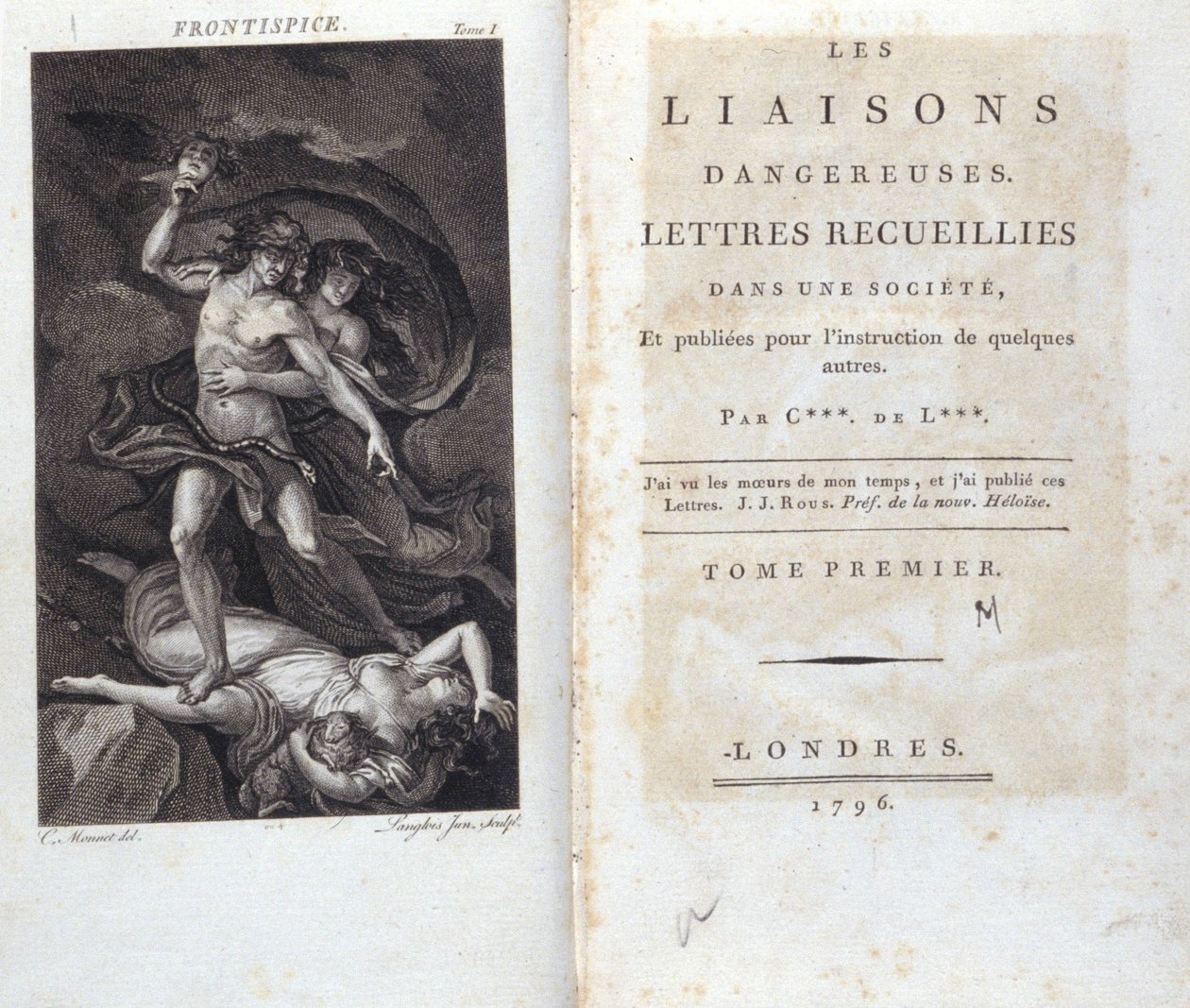 Frontispicio y Página de Título del libro "Les Liaisons dangereuses" de Choderlos de Laclos, Londres de Unknown artist