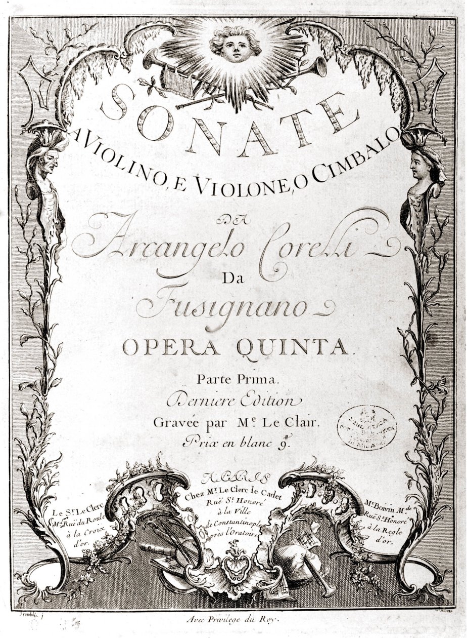 Frontispicio de 12 sonatas para violín, bajo y clavecín por Arcangelo Corelli (1653 - 1713). Versión francesa de Unknown artist