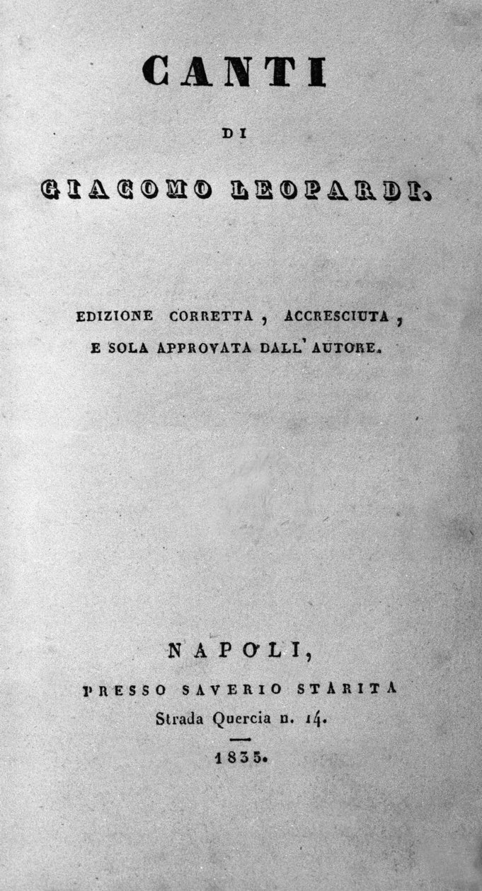 Frontispicio de "Canti" (Cantos) por el poeta italiano Giacomo Leopardi (1798 - 1837) 1835 de Unknown artist