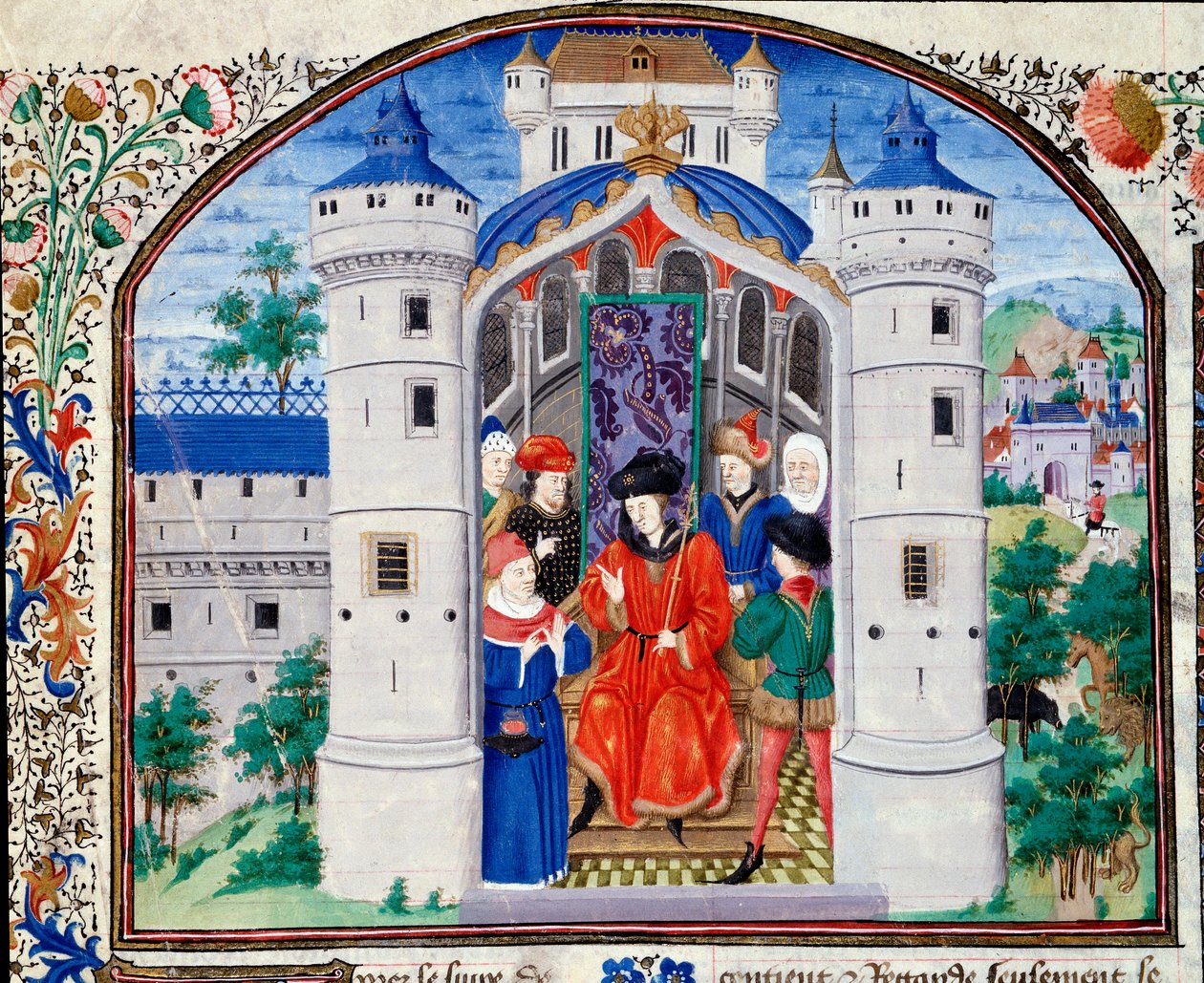 Frontispicio de Economía representando al autor presentando su obra al rey. Miniatura del manuscrito (Ms 927 Fol.426) 