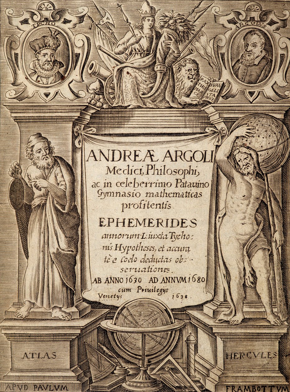 Frontispicio de “Ephemerides” con Hércules y Atlas de Unknown artist