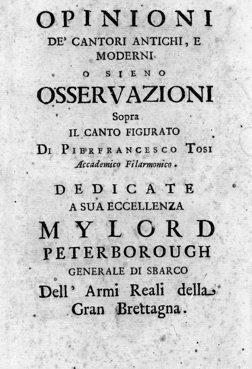 Frontispicio de “Opinioni dei cantori antichi e moderni ossiano osservazioni sopra il canto figurato” de Pier Francesco Tosi (1653 - 1732), castrato, compositor y teórico italiano. 1723. de Unknown artist