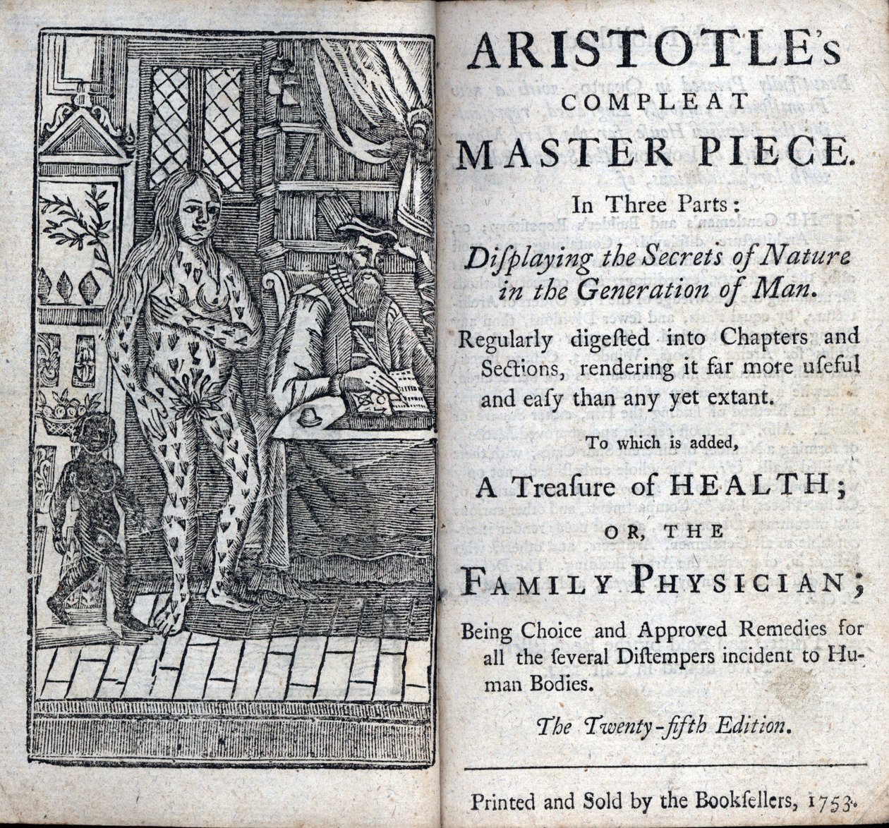 Frontispicio de un tratamiento médico del filósofo griego Aristóteles (384-322 a.C.). (LA OBRA MAESTRA COMPLETA DE ARISTÓTELES EN TRES PARTES. MOSTRANDO LOS SECRETOS DE LA NATURALEZA EN LA GENERACIÓN DEL HOMBRE) 1753 de Unknown artist