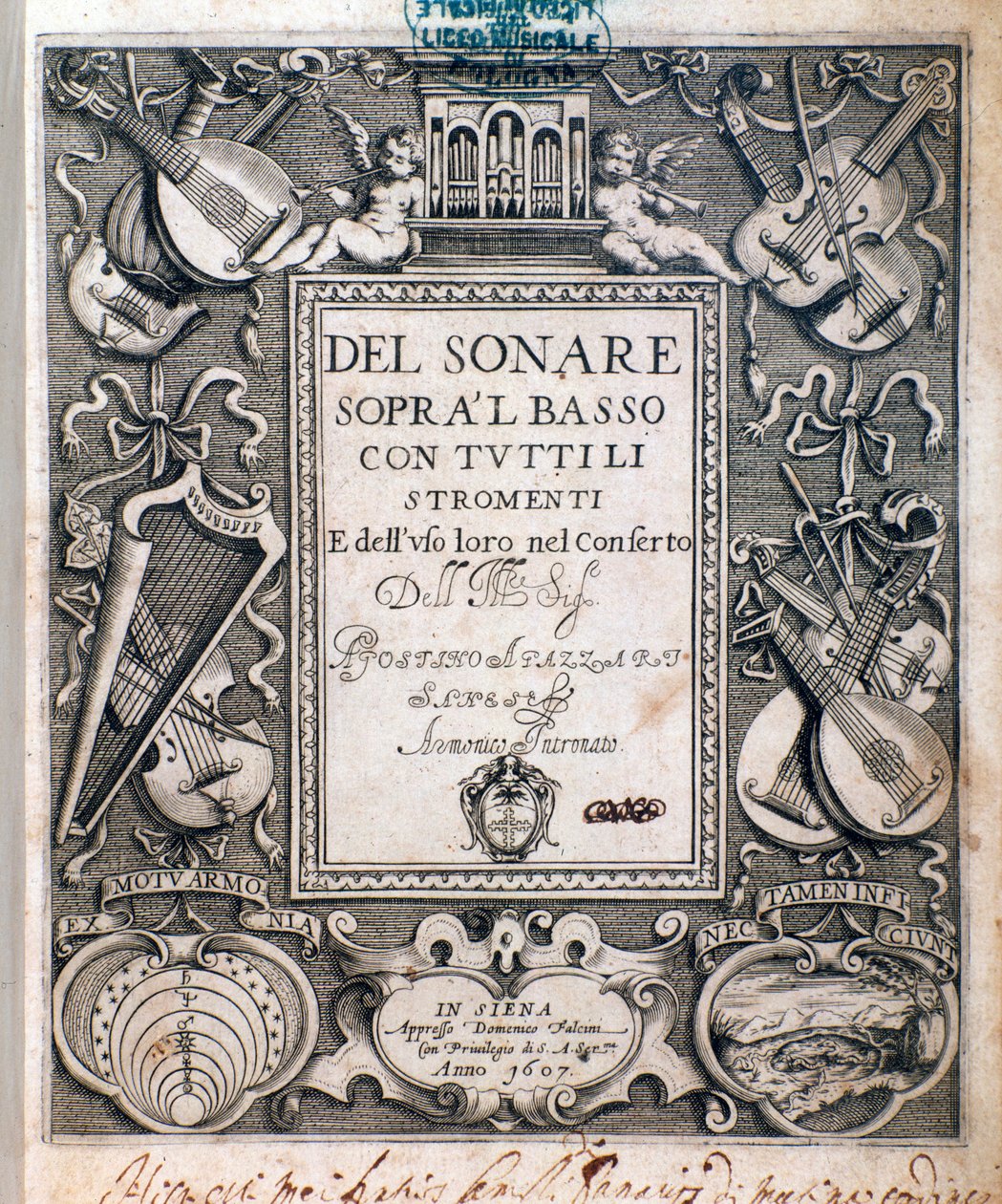 Frontispicio de del sonare sopra il basso por Agostino Agazzari de Unknown artist