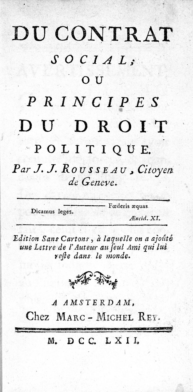 Frontispicio del Contrato Social o Principios del Derecho Político de Jean Jacques Rousseau (1712-1778), impreso en Ámsterdam en 1762 de Unknown artist