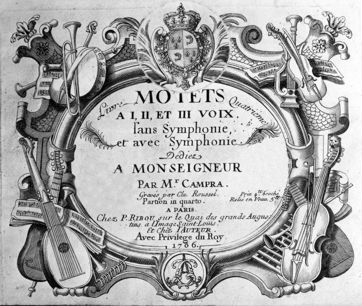 Frontispicio de la partitura del cuarto libro de motetes de André Campra. 1706 de Unknown artist