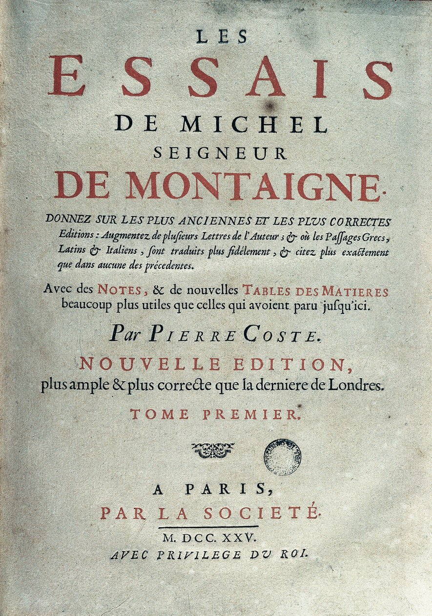 Portada de "Les essays" del escritor y humanista francés Michel de Montaigne (1533-1592). 1725 Barcelona. Biblioteca de Catalunya de Unknown artist