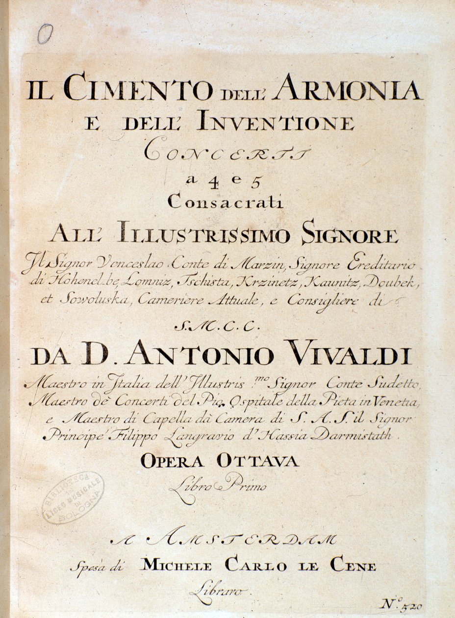 Frontispicio de partitura musical de violín en concierto V en Il cimento dell