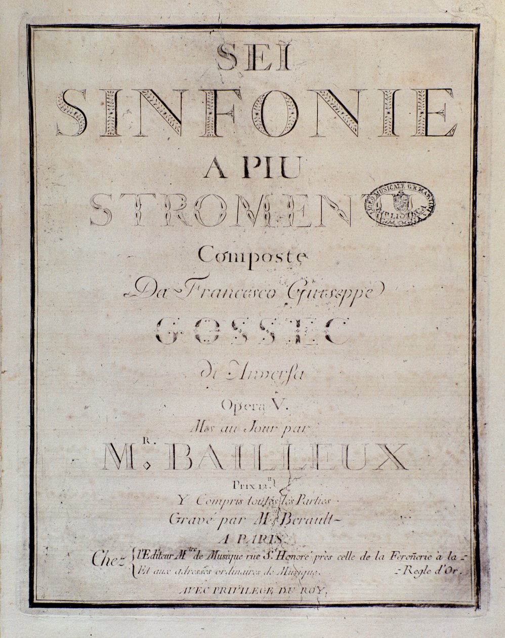 Portada de la partitura para Sei sinfonie a piu strumenti op. 5 (primera sinfonía) por François Joseph Gossec de Unknown artist
