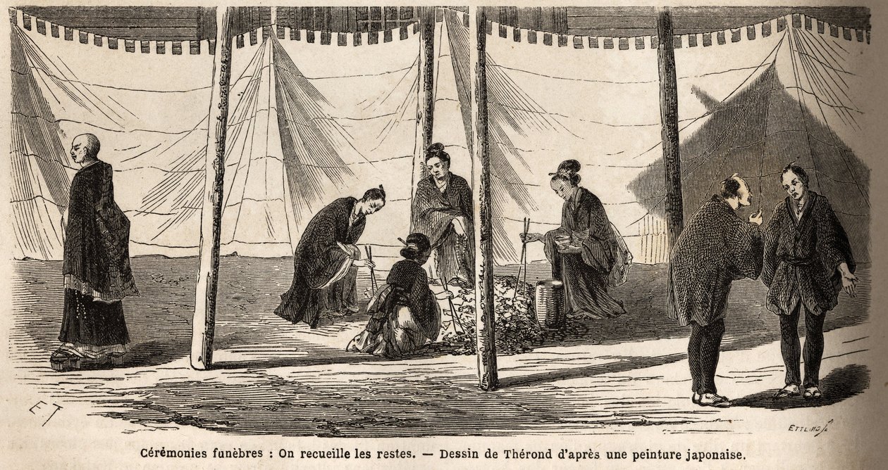 Ceremonias funerarias: después de la incineración, recolección de restos. Grabado para ilustrar el viaje a Japón en 1863-1864, por Aime Humbert, ministro de la Confederación Suiza, en “Le tour du monde, nouveau journal des voyages”, publicado bajo la direc de Unknown artist