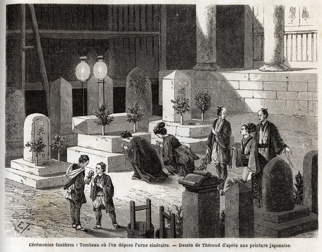 Ceremonias funerarias: tumba donde se coloca la urna cineraria. Grabado para ilustrar el viaje a Japón en 1863-1864, por Aime Humbert, ministro de la Confederación Suiza, en "Le tour du monde, nouveau journal des voyages", publicado bajo la dirección de Ed de Unknown artist