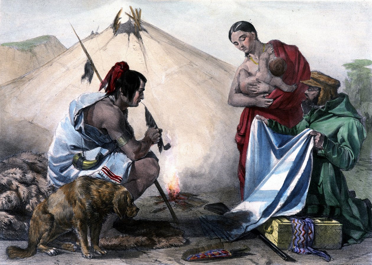 Trueque de pieles por tela entre los indios hurones canadienses y el hombre blanco - en "Shyth