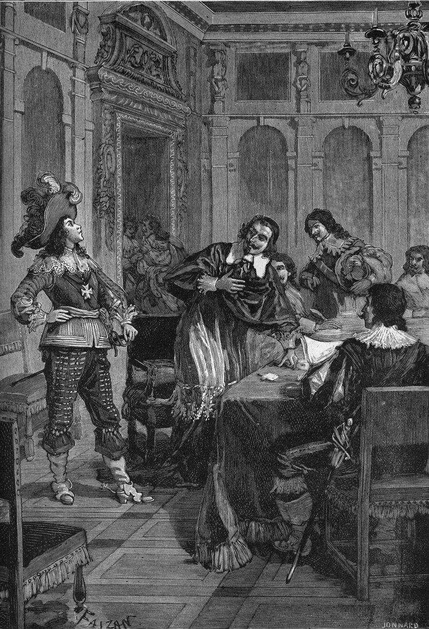 Gaston de Orleans (1608-1660), hermano del rey Luis XIII (1601-1643) dirigiéndose al Cardenal Richelieu (Armand Jean du Plessis de Richelieu) (1585-1642). Grabado del siglo XIX. En 