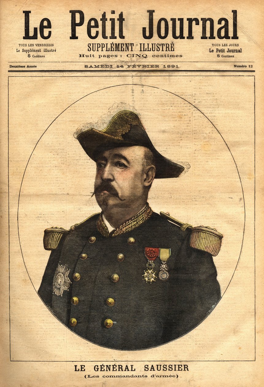 General Félix Gustave (Félix-Gustave) Saussier (1828-1905), se convirtió en comandante del ejército y miembro del consejo superior de la guerra de 1882 a 1902. Grabado en "Le petit journal illustré" 14/02/1891. Colección Selva de Unknown artist