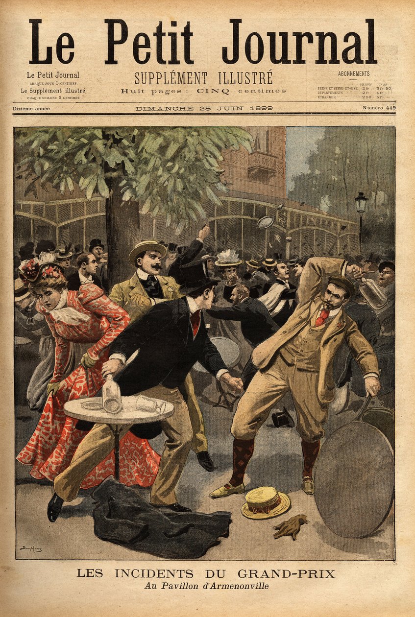 Pelea general en las carreras del Gran Premio de Longchamp, cuyo origen se debe a las declaraciones de Charles Dupuy (1851-1923), Ministro del Interior y Asuntos Religiosos, quien excitó a los ciudadanos presentes haciéndoles creer que había amenazas para  de Unknown artist