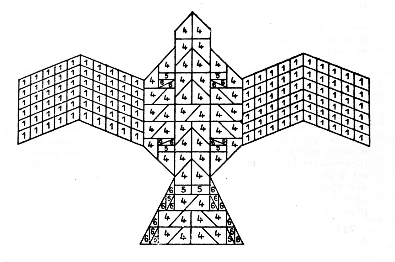 Geometría de los Sulbasutras: plano del altar de fuego en forma de halcón. Esquema matemático que se refiere a las reglas de construcción de altares sacrificiales que datan del período védico de la India (1500-500 a.C.). Revista de la Sociedad Asiática de  de Unknown artist
