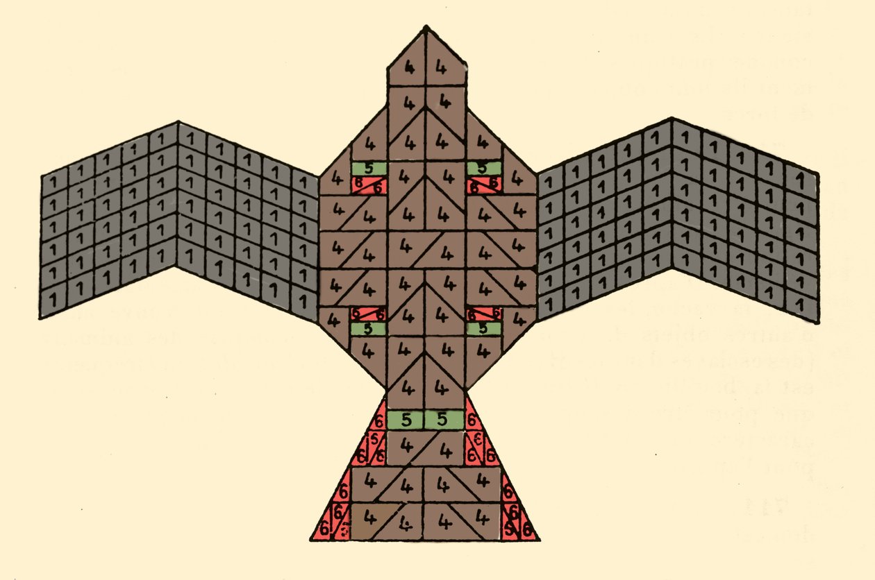 Geometría de los Sulbasutras: plano del altar de fuego en forma de halcón. Esquema matemático que se refiere a las reglas de construcción de altares sacrificiales que datan del período védico de la India (1500-500 a.C.). Revista de la Sociedad Asiática de  de Unknown artist