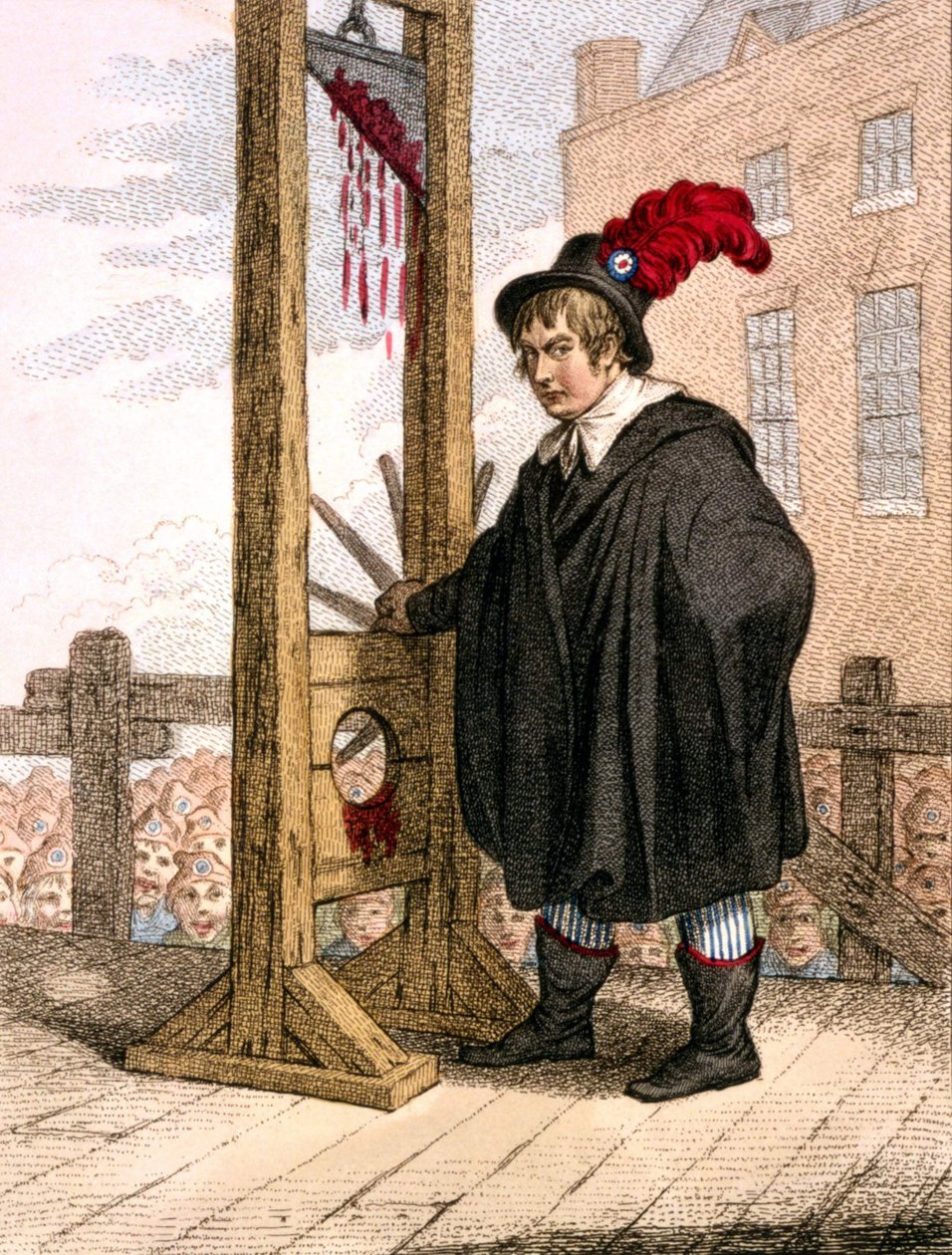 George Tierney vestido de verdugo junto a una guillotina de Unknown artist