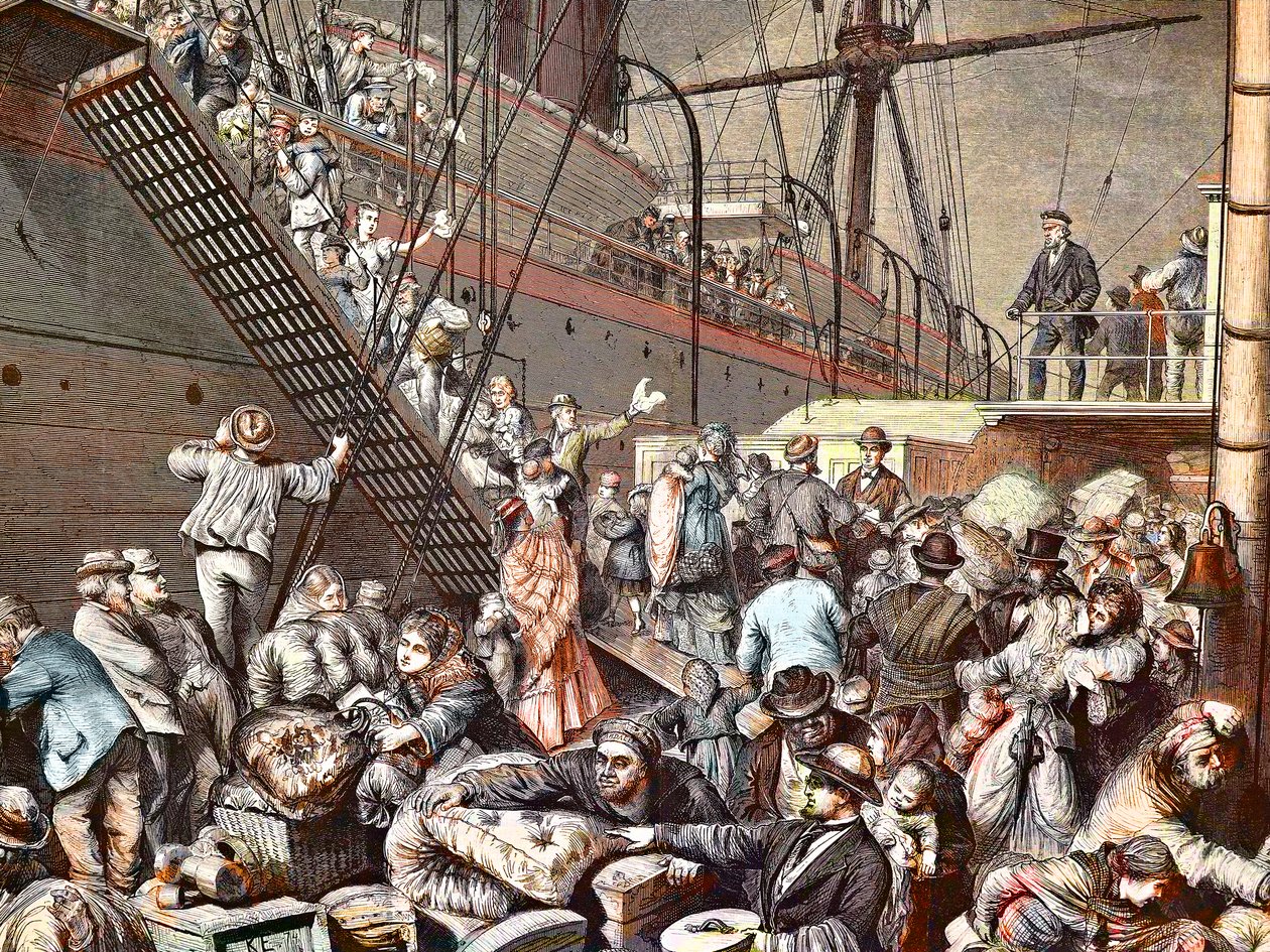 Emigrantes alemanes a Nueva York embarcando en un vapor de Hamburgo en 1874, grabado - (Deutsche Emigranten) de Unknown artist