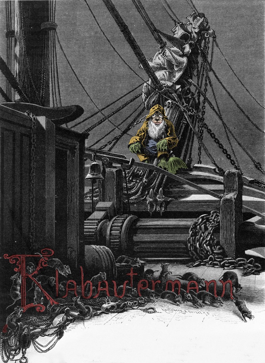 Mitología germánica: representación de un Klabautermann en la cubierta de un barco, un elfo protector de los barcos en el mar. Grabado del siglo XIX de Unknown artist
