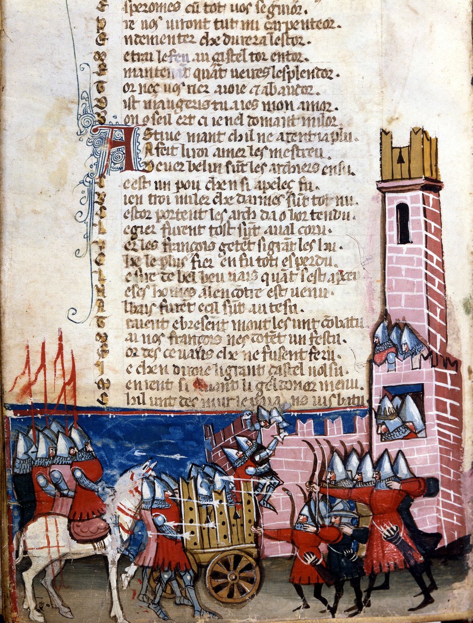 Cantar de gestas: escena de batalla cerca de una ciudad fortificada. Las tropas de Carlomagno (742-814) lucharon contra los moros de España. Miniatura tomada del manuscrito franco-italiano "Entrée d