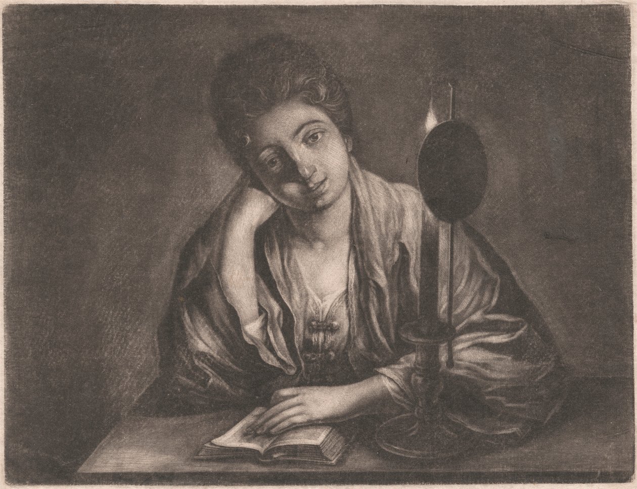 Niña leyendo a la luz de las velas de Unknown artist